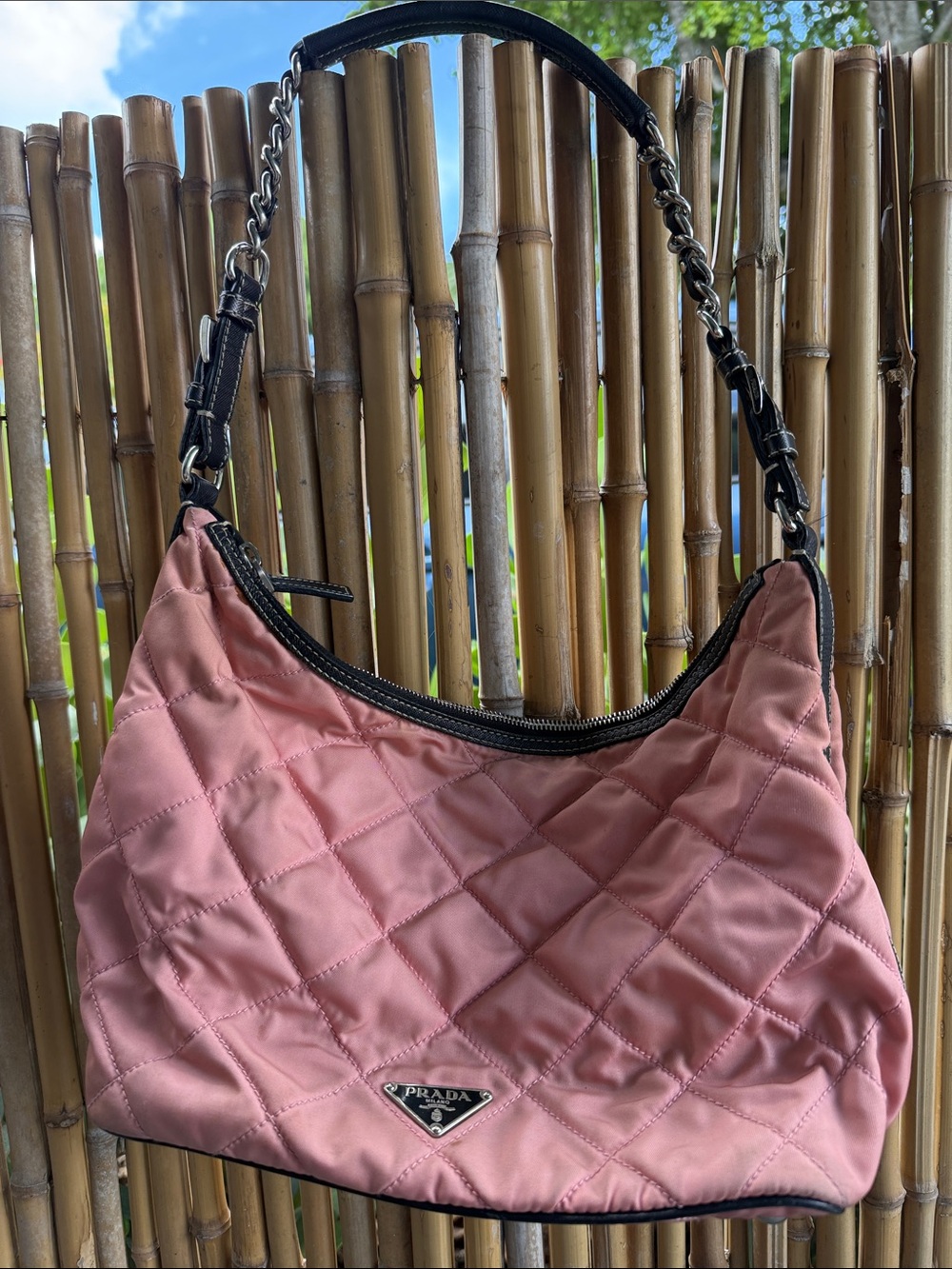 Prada Quilted Pink Nylon Hobo with Chain-Accent Strap